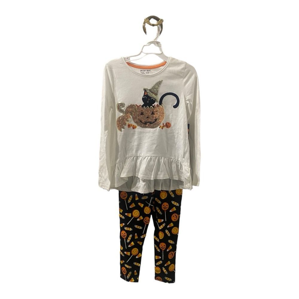 Spooky Night Set Cat Witch Hat Pumpkin Halloween Top Pants & Hair Clip Girls 7/8